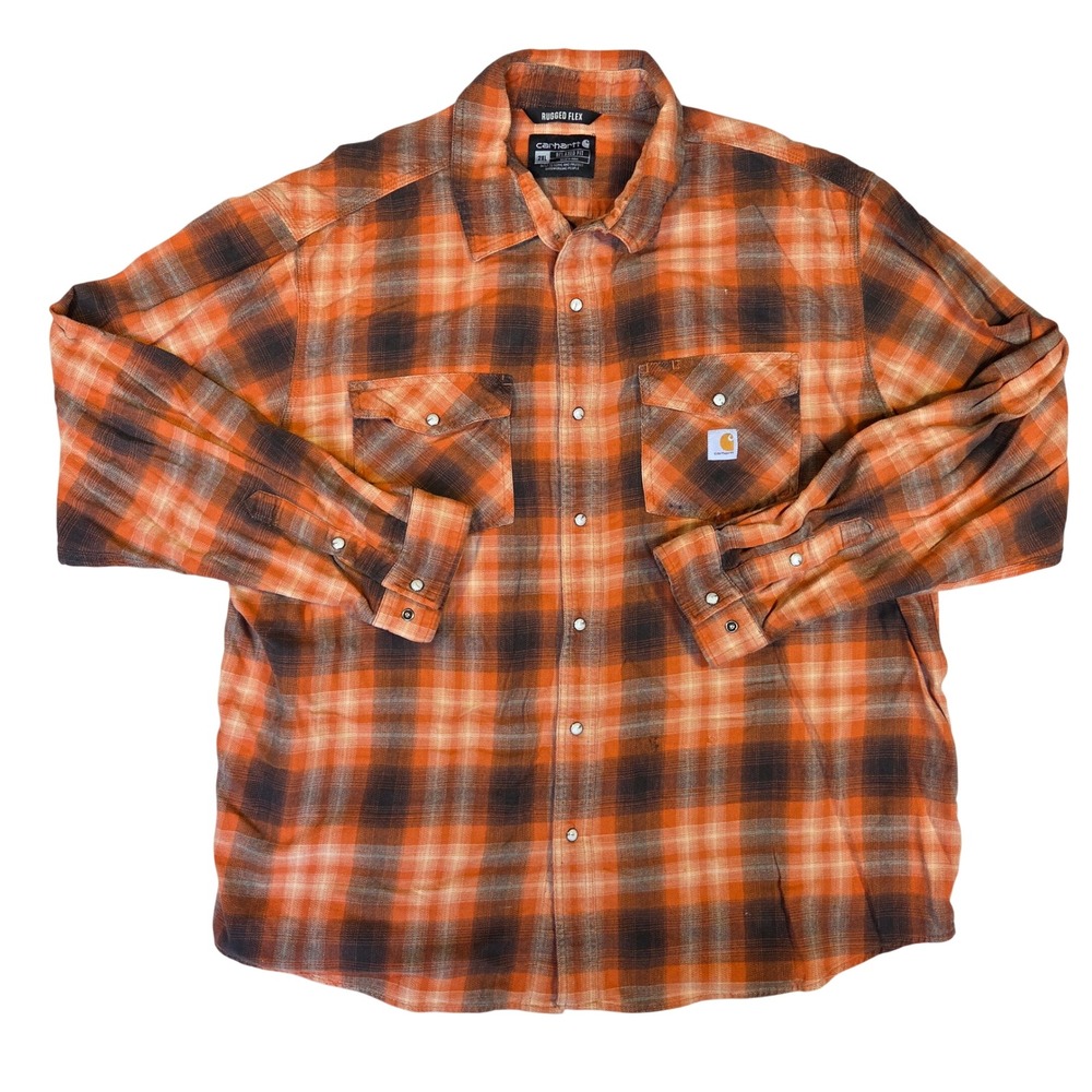 Carhartt Mens Rugged Flex Relaxed Fit Plaid Pearl Snap Flannel Shirt Orange 2XL